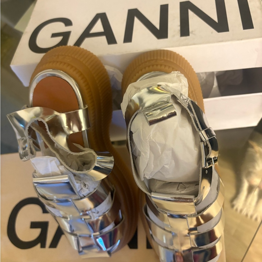 Ganni Silver Strappy Sandals new in the box sz 10 - Picture 4 of 14